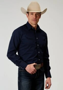 Men's Roper Deep Navy Embroidered Western Shirt -Way Out West Trading Shop 0100100170370b
