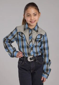 Girl's Roper Blue & Brown Plaid Long Sleeve Western Shirt