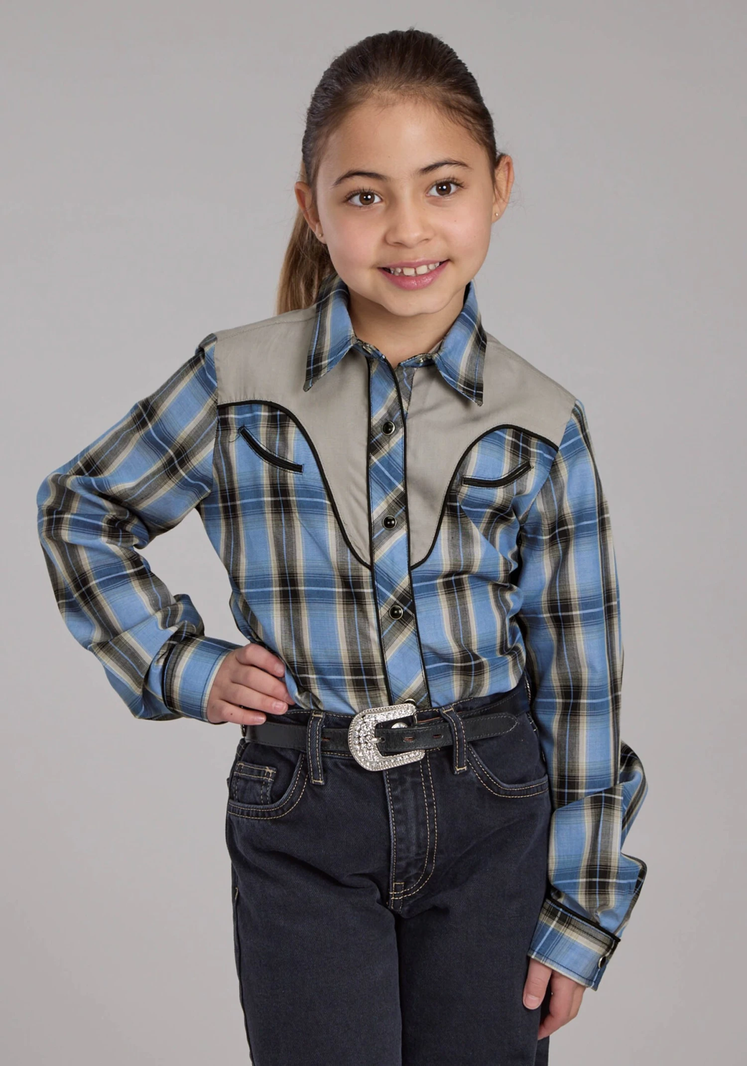 Girl's Roper Blue & Brown Plaid Long Sleeve Western Shirt 2 Girl's Roper Blue & Brown Plaid Long Sleeve Western Shirt