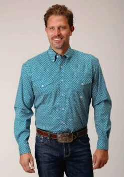 Men's Roper Turquoise Diamond Print Western Shirt