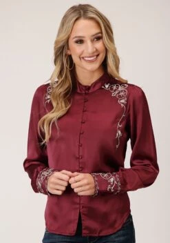 Roper Wine Poly Satin Long Sleeve Blouse