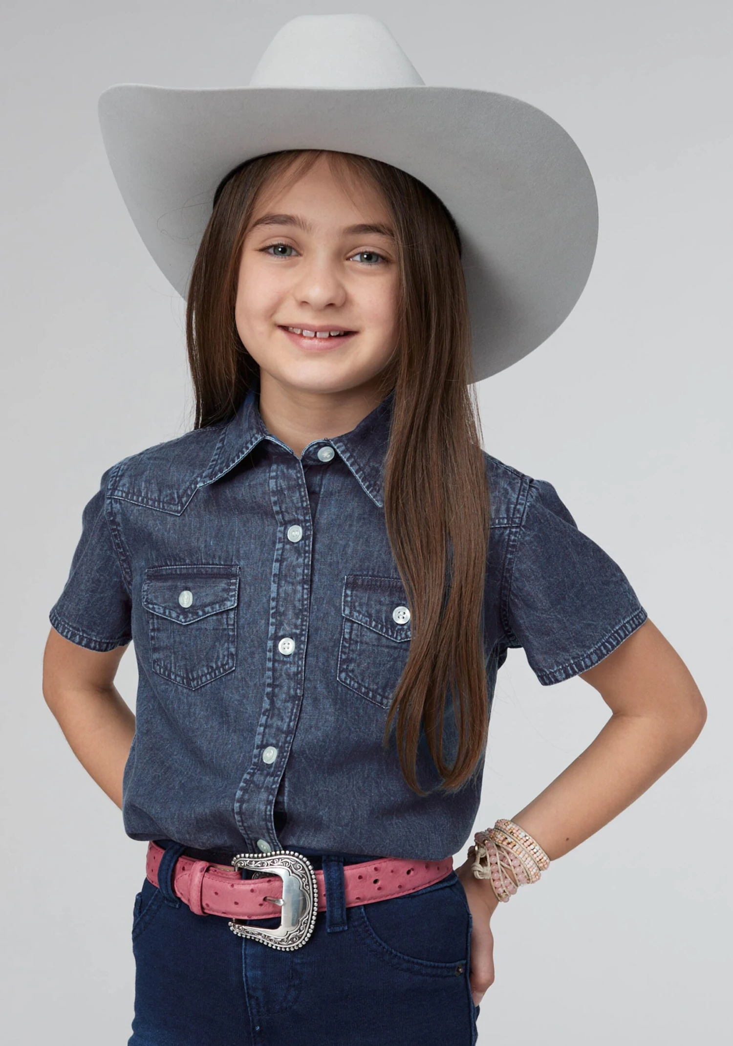 Girl's Roper Dark Blue Denim Short Sleeve Shirt 3 Girl's Roper Dark Blue Denim Short Sleeve Shirt