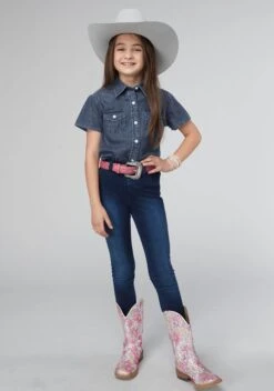 Girl's Roper Dark Blue Denim Short Sleeve Shirt 7 Girl's Roper Dark Blue Denim Short Sleeve Shirt -Way Out West Trading Shop 0308105944023b