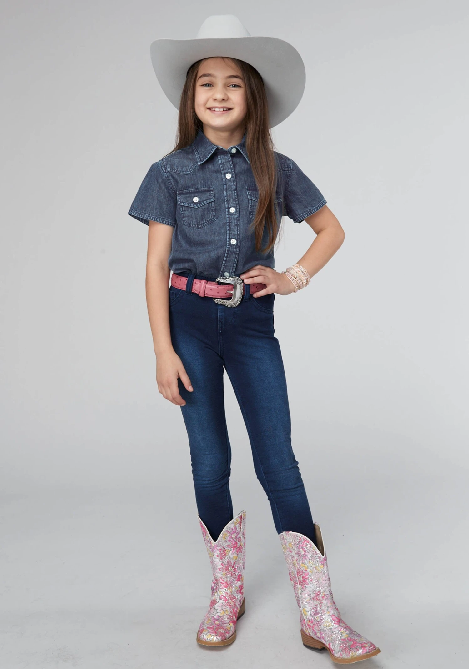 Girl's Roper Dark Blue Denim Short Sleeve Shirt 5 Girl's Roper Dark Blue Denim Short Sleeve Shirt - Image 3