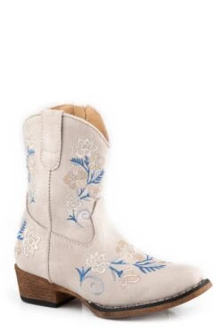Girls Roper Vintage White Faux Leather Snip Toe Toddler Boot W/ Floral Emboidery