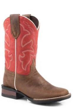 Boys Roper Dark Tan Square Toe Boot W/ Coral Rose Shaft