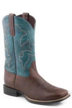 Boys Roper Brown Tumbled Leather Square Toe Boot W/ Teal Green Shaft