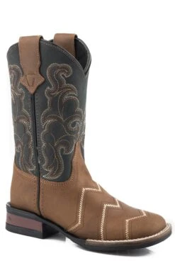 Boys Roper Brown Leather Square Toe Boot W/ Natural Chevron Stitching