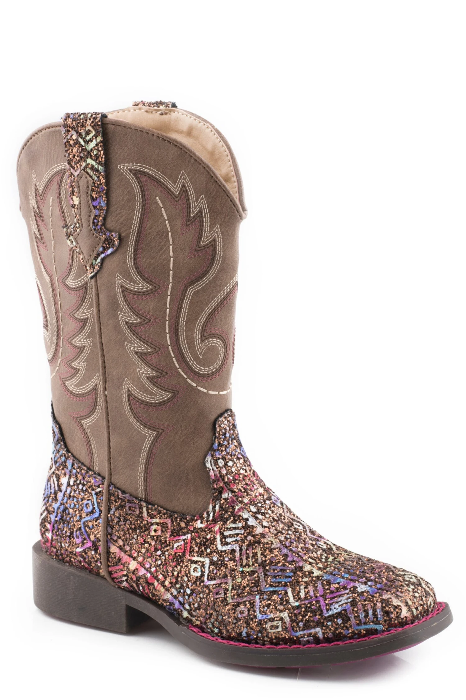 Girls Roper Brown Southwest Glitter Square Toe Boot 3 Girls Roper Brown Southwest Glitter Square Toe Boot
