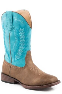 Girls Roper Tan & Turquoise Square Toe Boot