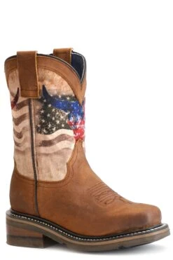 Boys Roper Oiled Tan Square Toe Boot W/ American Flag & Skull