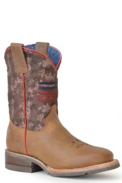 Boys Roper Burnished Brown Square Toe Boot W/ Flag & Camo Shaft