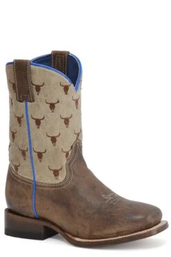 Boys Roper Vintage Brown Square Toe Boot W/ Steer Head Pattern