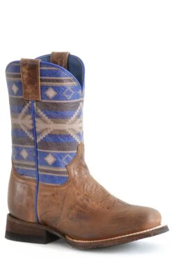 Girls Roper Waxy Tan Leather Square Toe W/ Purple Aztec Design