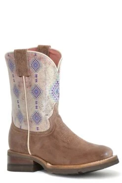 Girls Roper Burnish Tan Square Toe Boot W/ Purple Aztec Design