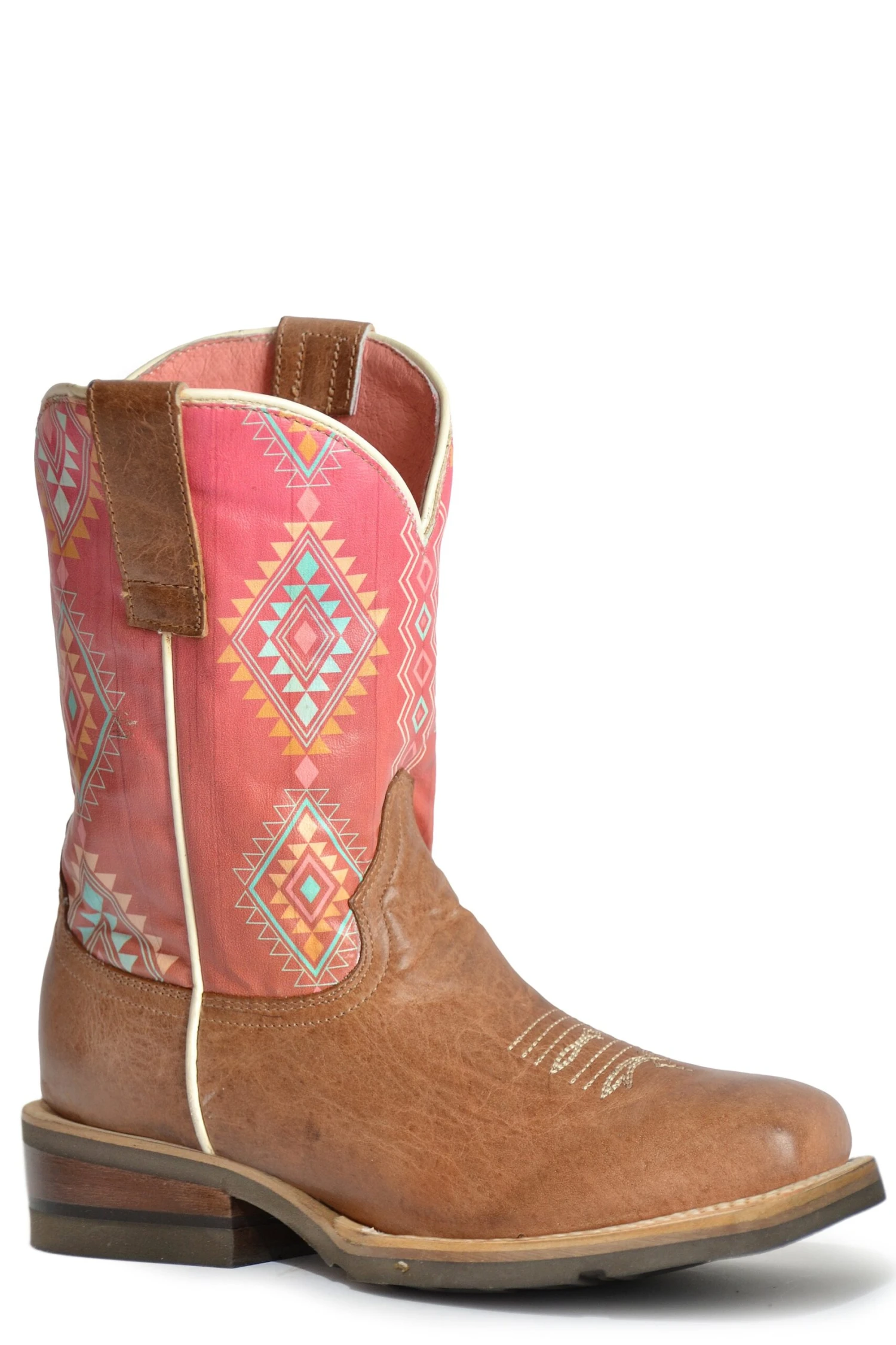Girls Roper Waxy Brown Western Square Toe Boot W/ Printed Aztec Design 3 Girls Roper Waxy Brown Western Square Toe Boot W/ Printed Aztec Design