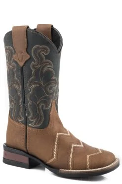 Boys Roper Brown Square Toe Boot W/ Natural Chevron Stitching