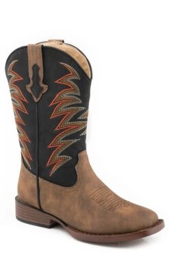 Boys Roper Tan Faux Leather Square Toe Boot W/ Jagged Western Stitching