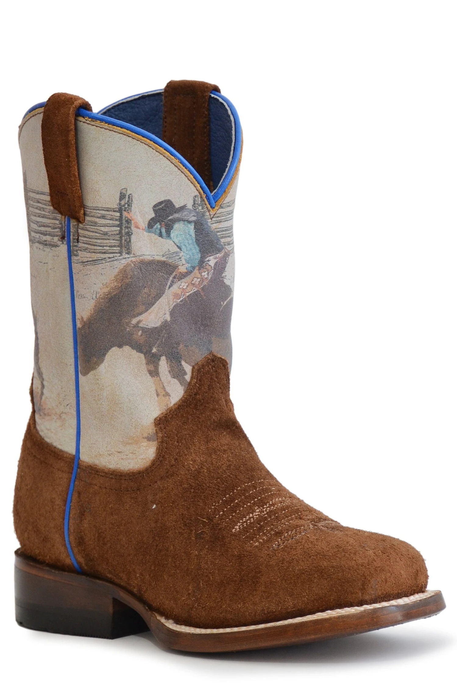 Boys Roper Brown Suede Square Toe Boot W/ Bull Rider Design 3 Boys Roper Brown Suede Square Toe Boot W/ Bull Rider Design