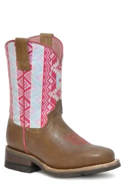 Girls Roper Tan Square Toe Boot W/ Pink & Blue Native Design