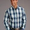 Stetson Blue Satin Stripe Plaid Short Sleeve Button Up