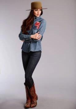 Stetson Woven Denim Western Long Sleeve Snap W/ Embroidery On Front