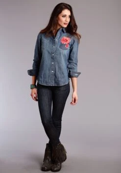 Stetson Woven Denim Western Long Sleeve Snap W/ Embroidery On Front 7 Stetson Woven Denim Western Long Sleeve Snap W/ Embroidery On Front -Way Out West Trading Shop 1105005941024c