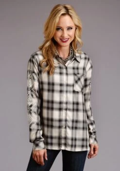 Stetson Ash Plaid Button Up Long Sleeve Blouse W/ Embroidery